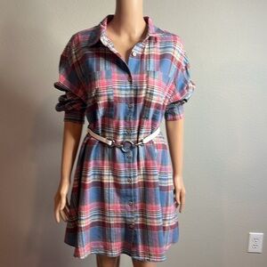 Umgee Blue and Pink Plaid Long Sleeve Dress